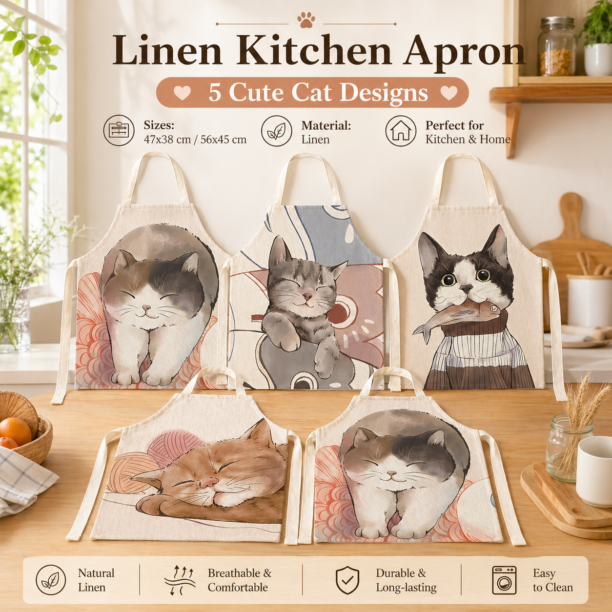 Home Cooking For Cats - Cute Cat Printed Linen Kitchen Apron
